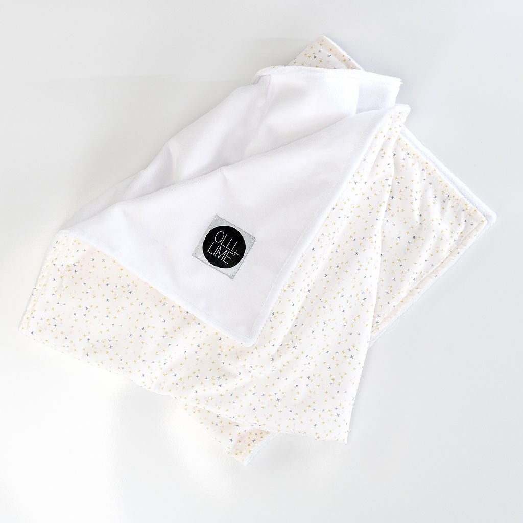 Little Tiny Hugs - Baby Blanket - Multi-colored Freehand X's on Ivory - Olli+Lime